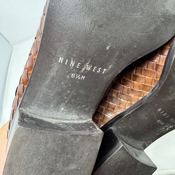 Vintage Nine West 6.5M Brown Woven Leather Loafers Block Heel Slip On Classic - Picture 10 of 12